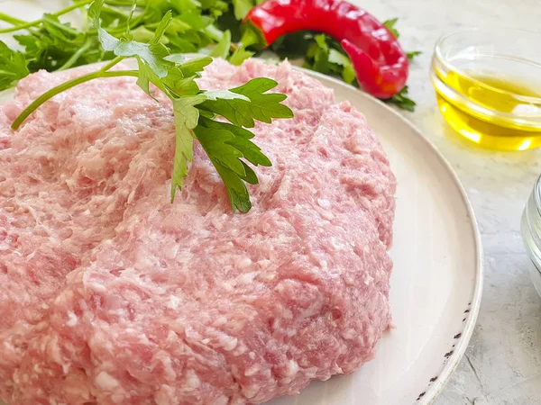 Carne Picada Fresca Plato Sobre Fondo Hormigón — Foto de Stock