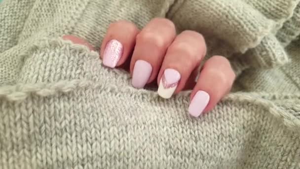 Female Hand Beautiful Manicure Sweater — Stock Video