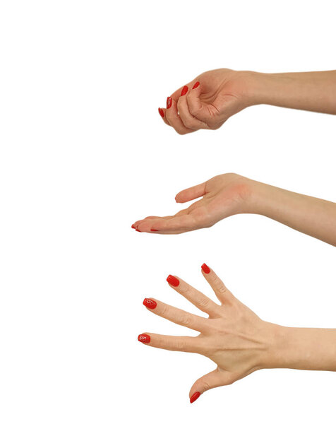 female hand red manicure isolated on white background