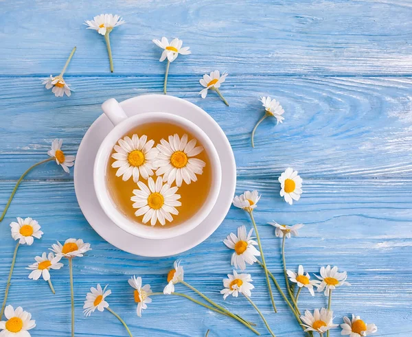 Chamomile Flower Tea Wooden Background — Stock Photo, Image