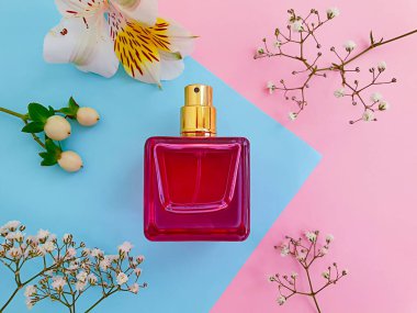 Renkli arka planda bir şişe parfümü çiçeği.