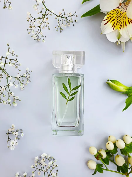 Fles Parfum Bloem Een Gekleurde Achtergrond — Stockfoto