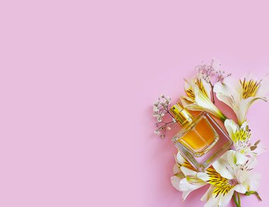 Renkli arka planda bir şişe parfümü çiçeği.