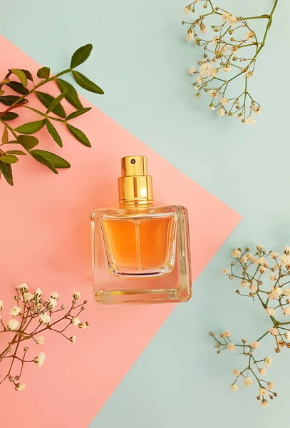 Fles Parfum Bloem Een Gekleurde Achtergrond — Stockfoto