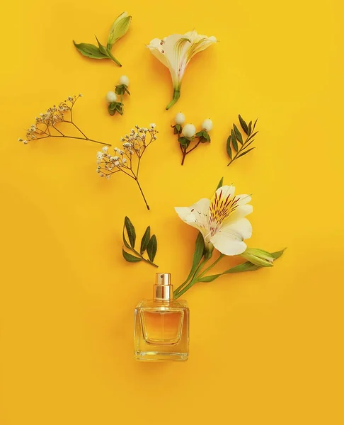 Fles Parfum Bloem Een Gekleurde Achtergrond — Stockfoto