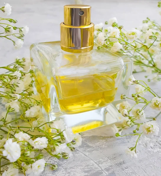 Perfumy Butelki Kwiat Betonowym Tle — Zdjęcie stockowe
