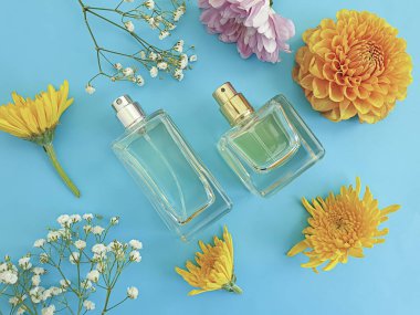 Renkli arka planda bir şişe parfümü çiçeği.