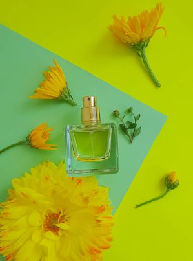 Renkli arka planda bir şişe parfümü çiçeği.