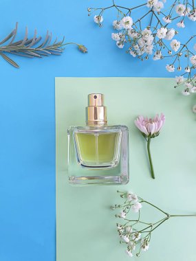 Renkli arka planda bir şişe parfümü çiçeği.