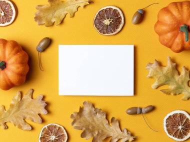 İçinde beyaz bir kart olan kahverengi Kraft zarfı, küçük balkabakları, kurutulmuş portakal dilimleri, tarçın çubukları ve parlak sarı arka planda meşe palamutları ile çevrili..