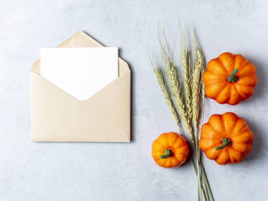 İçi boş beyaz bir kartın olduğu açık bir Kraft zarfı, açık gri arka planda üç küçük turuncu balkabağı ve buğday sapının yanına yerleştirilmiş..