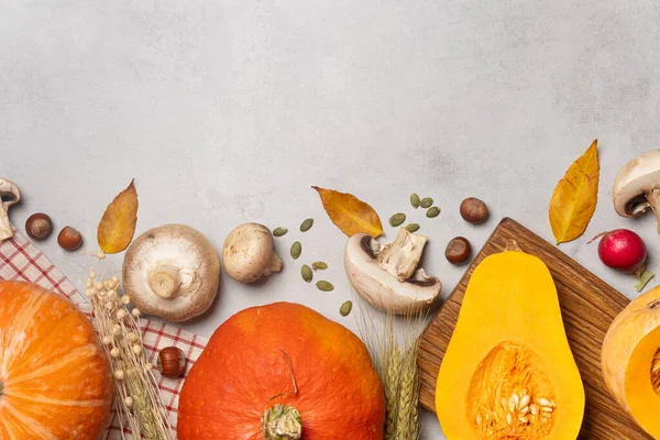 Gri arka planda balkabağı, mısır, mantar ve renkli yapraklarla taze sonbahar hasadı.