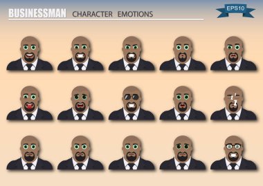 İşadamı ifadeler kümesi. Çeşitli duygular karakter. Avatar simgeler kümesi. Vektör çizim.