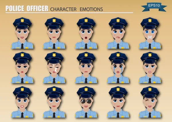 Polis Memuru Kadın Ifadeler Kümesi Çeşitli Duygular Karakter Avatar Simgeler — Stok Vektör