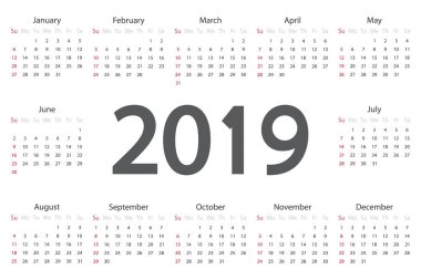 2019 yıl için takvim. Hafta Pazar günü başlar. Vektör çizim.