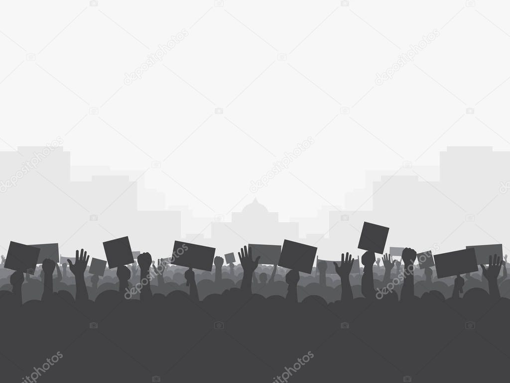 Crowd of people protests, silhouette. Revolution, protest, demonstration, riot, strike. Vector illustration, eps10.