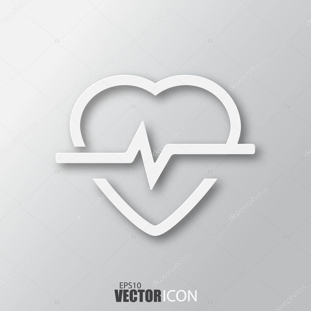 Heartbeat icon in white style with shadow isolated on grey backg