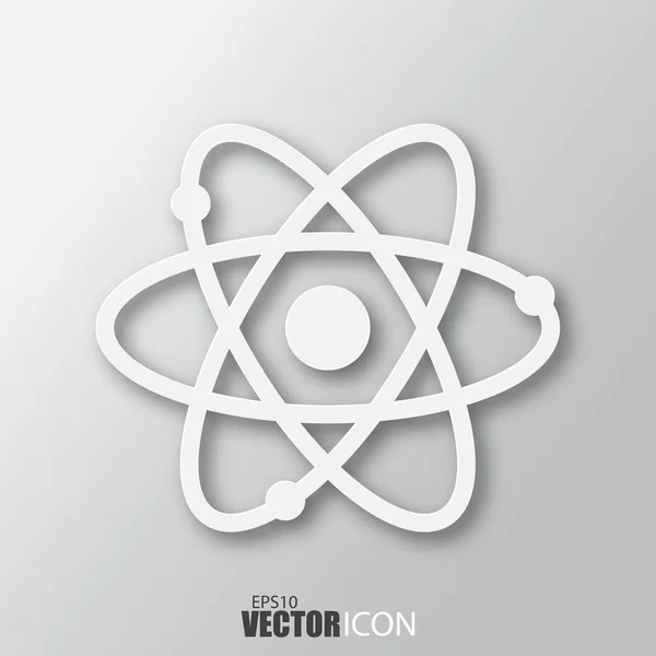 Atom icon in white style with shadow isolated on grey background — 스톡 벡터