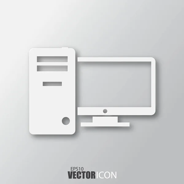 Computer icon in white style with shadow isolated on grey backgr — Stock Vector
