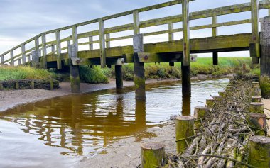 Wooden bridge over crick, reflections in water, dam from piles and branches