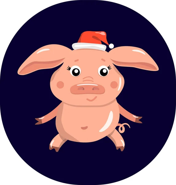 Kırmızı bir şapka koyu bir arka plan üzerinde Noel şenlikli domuz. Çin yeni yılı 2019 simge vektör.