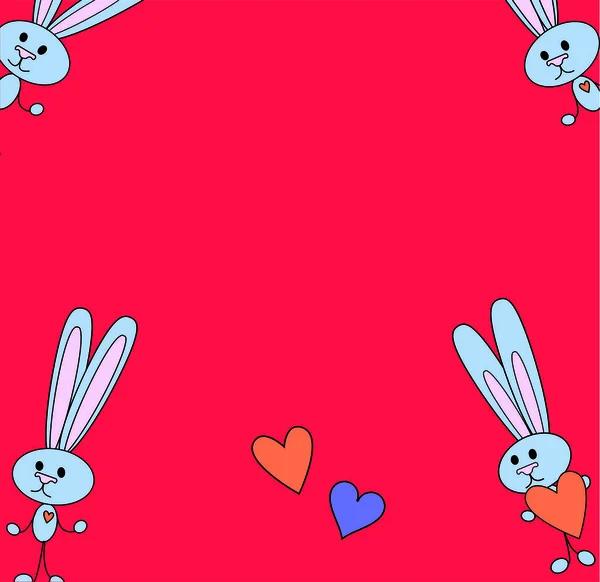 Tamplate 카드 손에 마음으로 귀여운 회색 토끼와 함께. 발렌타인 데이 대 한 토끼를 만화. 밝은 분홍색 배경에 마음과 단어 광장. 손에 마음으로 귀여운 회색 토끼. — 스톡 사진