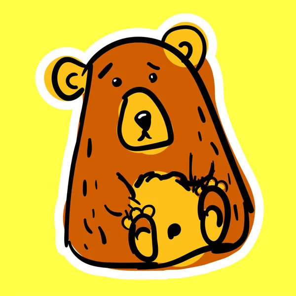 Ручной медведь изолирован на белом фоне. Коричневые и желтые пятна. Черный контур рисования вручную. Иллюстрация Дудла — стоковое фото