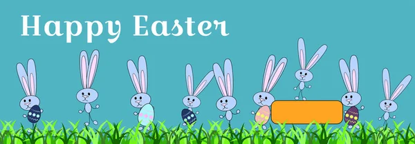  boyalı yumurtaları ve bunnies ile yatay afiş için mutlu paskalyalar. Tavşan yumurta çiçek desenli tutun. Süsleme kötü çim. Metin için yer