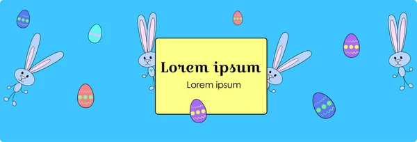 Horizontale blauwe banner voor Happy Easter met beschilderde eieren en een konijn. Cartoon paashaas en eitjes met een bloemmotief. Vakantie sjabloon voor verkoop banner, voor ontwerp dekking, boekje. — Stockfoto