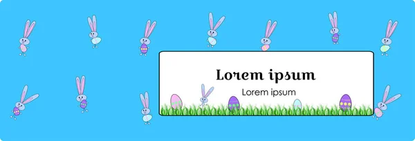  boyalı yumurta ve bir tavşan ile yatay mavi afiş için mutlu paskalyalar. Çizgi film Bunny ve çiçek desenli bir yumurta. Tatil şablonu tasarım zımbalayınca satışı büyük başlığı için kitapçık.