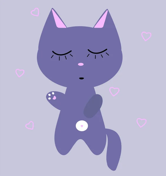 Gato lila duerme con vientre blanco y patas rosadas. Gatito gracioso kawaii. Tarjeta de niño. Lindo personaje vector de dibujos animados. Ilustración sobre fondo gris . — Vector de stock