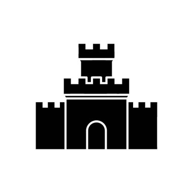 Klasik bir ortaçağ şatosunun tipik siyah silueti. Merkezi bir kalesi ve çevreleyen duvarları var. Bu ikonik imaj tarihi, savunmayı ve kraliyeti çağrıştırıyor..