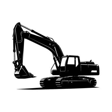 Ağır bir kazıcının siyah silueti, eklemli kolu, büyük kovası ve inşaat sahalarındaki hareketlilik için süreklilik sistemine sahip..
