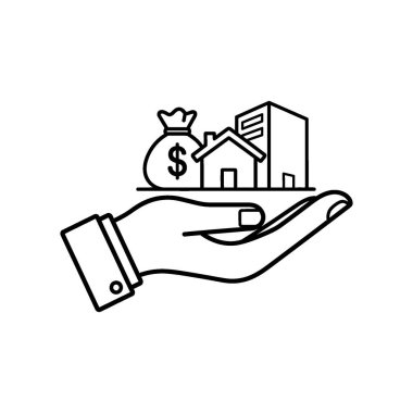 Emlak ve finansal yatırımı temsil eden, üzerinde dolar işareti olan ve çeşitli binalar bulunan bir para çantasını destekleyen, el ele tutuşmuş bir resim simgesi..