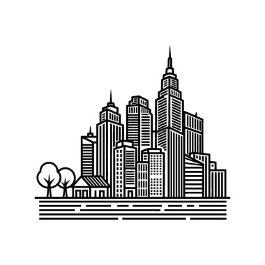 Birkaç ağaç ve ön planda daha küçük yapılar bulunan sayısız yüksek bina ve gökdelenin yer aldığı bir şehir siluetinin minimalist çizimi.