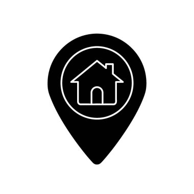 Daire içindeki bir evin beyaz çizgilerini içeren siyah bir lokasyon simgesi, ev adresini ya da yerleşim işaretçisini simgeliyor..