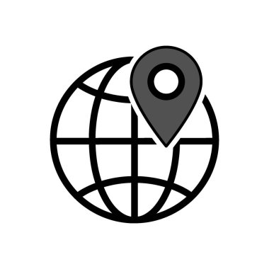 Dünya 'yı temsil eden siyah-beyaz bir simge. Üzerinde belirgin bir lokasyon iğnesi var. Küresel konumu ya da dünya çapında bir hedefi simgeliyor..