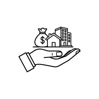 Mali güvenlik ve yatırımı sembolize eden, para çantası, ev ve çeşitli binalar da dahil olmak üzere mal varlıklarından oluşan bir koleksiyonu dikkatlice tutan bir el resmi..