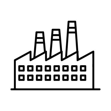 Üretim ve üretim süreçlerini temsil eden birden fazla uzun bacanın yer aldığı bir endüstriyel fabrika binasının siyah beyaz çizgisi. Yapının farklı bir çatı çizgisi ve bir numarası var.