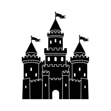 Büyük bir ortaçağ şatosunun çarpıcı siyah silueti. Birden fazla kule, siper ve bayrağın dalgalandığı bir kale. Bir tarih ve fantezi hissi uyandırıyor..
