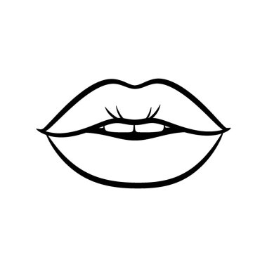 Dudakları hafifçe ayrılmış, dişlerini gösteren bir ağız çizimi ince bir gülümsemeyi işaret ediyor. Bu grafik çok yönlülük için beyaz bir arkaplanda izole edilmiştir.