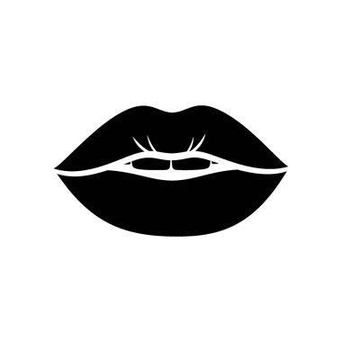 Çarpıcı bir siyah siluet, dolgun, nefis dudaklar, cazibe ve incelik hissi veriyor. Resim, maksimum görsel etki için temiz beyaz bir arkaplanda izole edilmiştir..