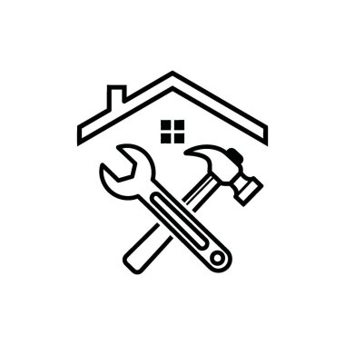 İçinde çapraz ingiliz anahtarı ve çekiç olan, ev onarımı, bakım ve inşaat hizmetlerini sembolize eden bir çizgi resim ikonu..