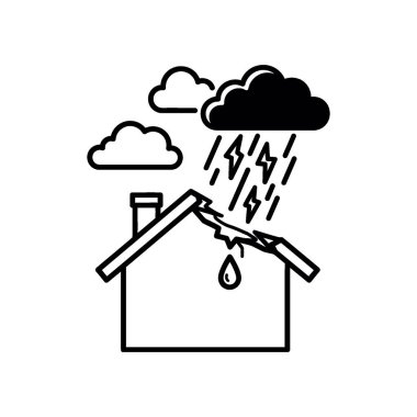 Şiddetli hasarlı çatılı bir evi tasvir eden bir çizim. Kiremitleri ve kirişleri gösteriyor. Yıldırımlar ve sağanak yağmurlar karanlık fırtına bulutlarından dökülüyor.