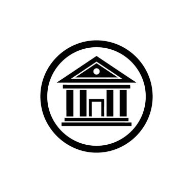 Belirgin sütunları olan klasik bir binayı temsil eden minimalist siyah-beyaz bir grafik sembolü dairesel bir sınır içinde, finansal veya hükümet temaları için mükemmel..