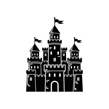 Görkemli bir ortaçağ şatosunun çarpıcı siyah silueti. Yüksek kuleler, bayraklar ve karmaşık siperlerle dolu. Beyaz bir arka plana karşı gururla duruyor.