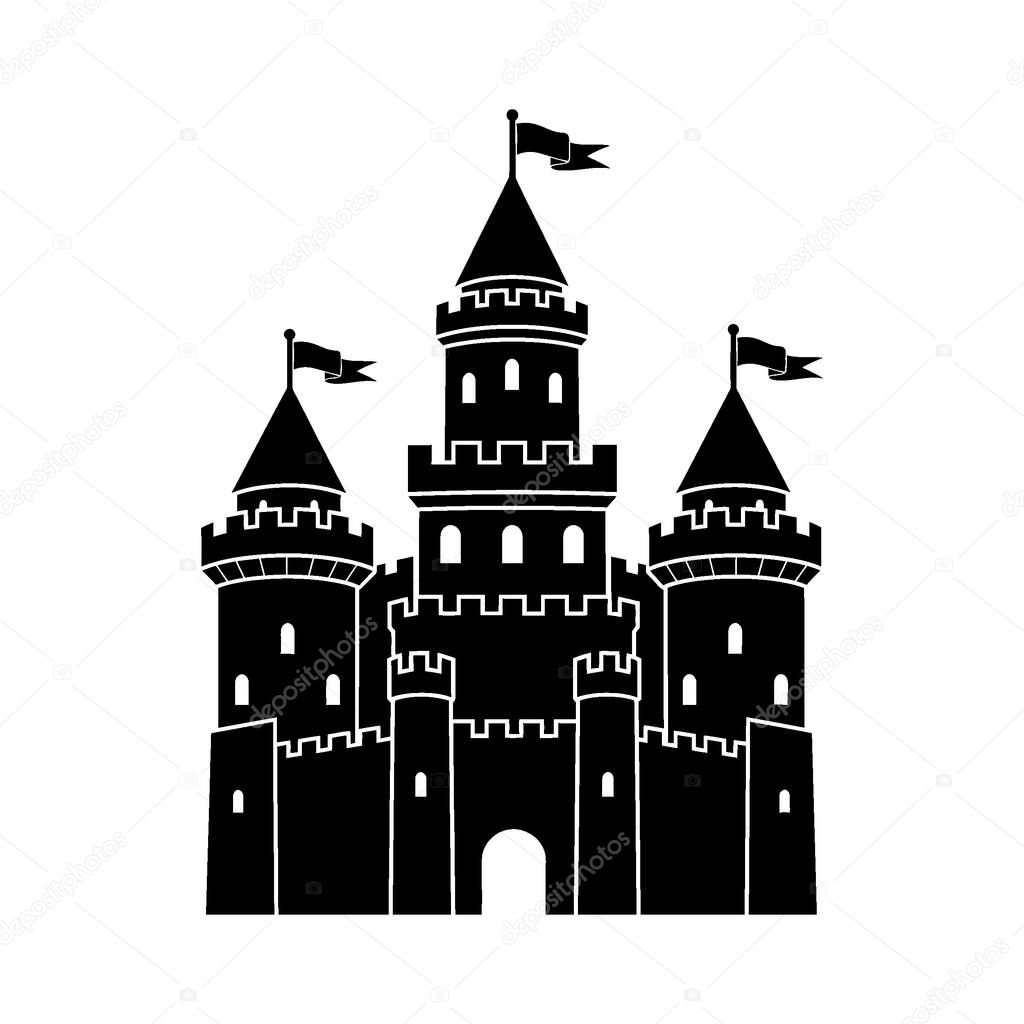 A striking black silhouette of a grand medieval castle, featuring multiple towers, battlements, and flags flying high. Evokes a sense of history and fantasy.