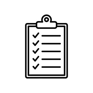 Görevlerin tamamlandığını gösteren, listeli ve birden fazla işaretli bir panonun basit bir siyah beyaz taslak simgesi. Beyaz bir arkaplanda izole edilmiş.