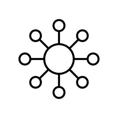 Bir ağ ya da bağlantı sistemini temsil eden minimalist siyah beyaz çizgi. Merkezi bir daire sekiz küçük çembere düz çizgiler üzerinden bağlanır, bir merkezi sembolize eder ve bir modelle ya da