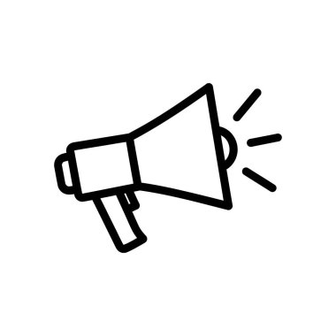 Bir megafonun minimalist ana hatları simgesi, yayılan ses dalgaları, iletişimi ve duyuruları temsil ediyor. Kolay entegrasyon için beyaz arkaplanda izole.